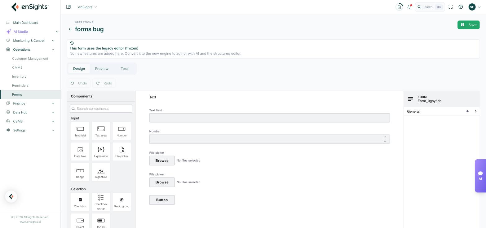 The form designer with the component palette, canvas and structure panel.