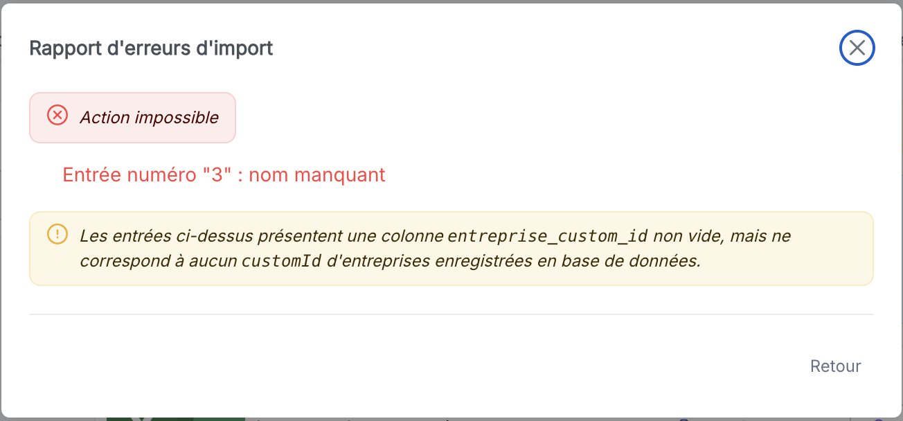 Message d'erreur SmartOF affiché lorsqu'une ligne du fichier d'import a une raison sociale vide