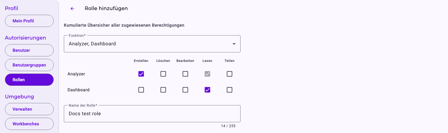 Die Seite Rolle hinzufügen: die Funktionen Analyzer und Dashboard ausgewählt, bei Analyzer Erstellen angehakt und Lesen automatisch mit angehakt, bei Dashboard Lesen, und der Name der Rolle Docs test role