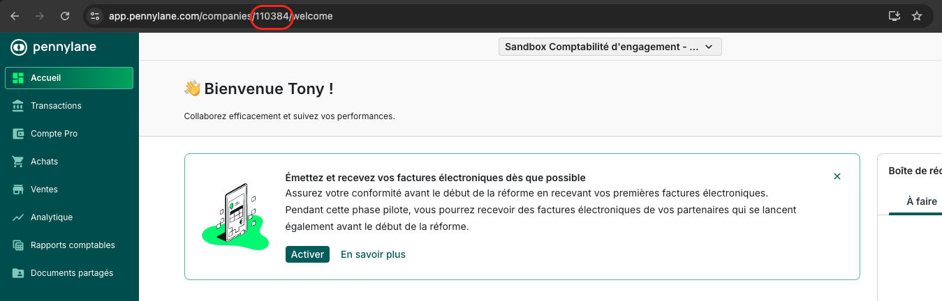 URL Pennylane avec l'identifiant d'entreprise mis en évidence