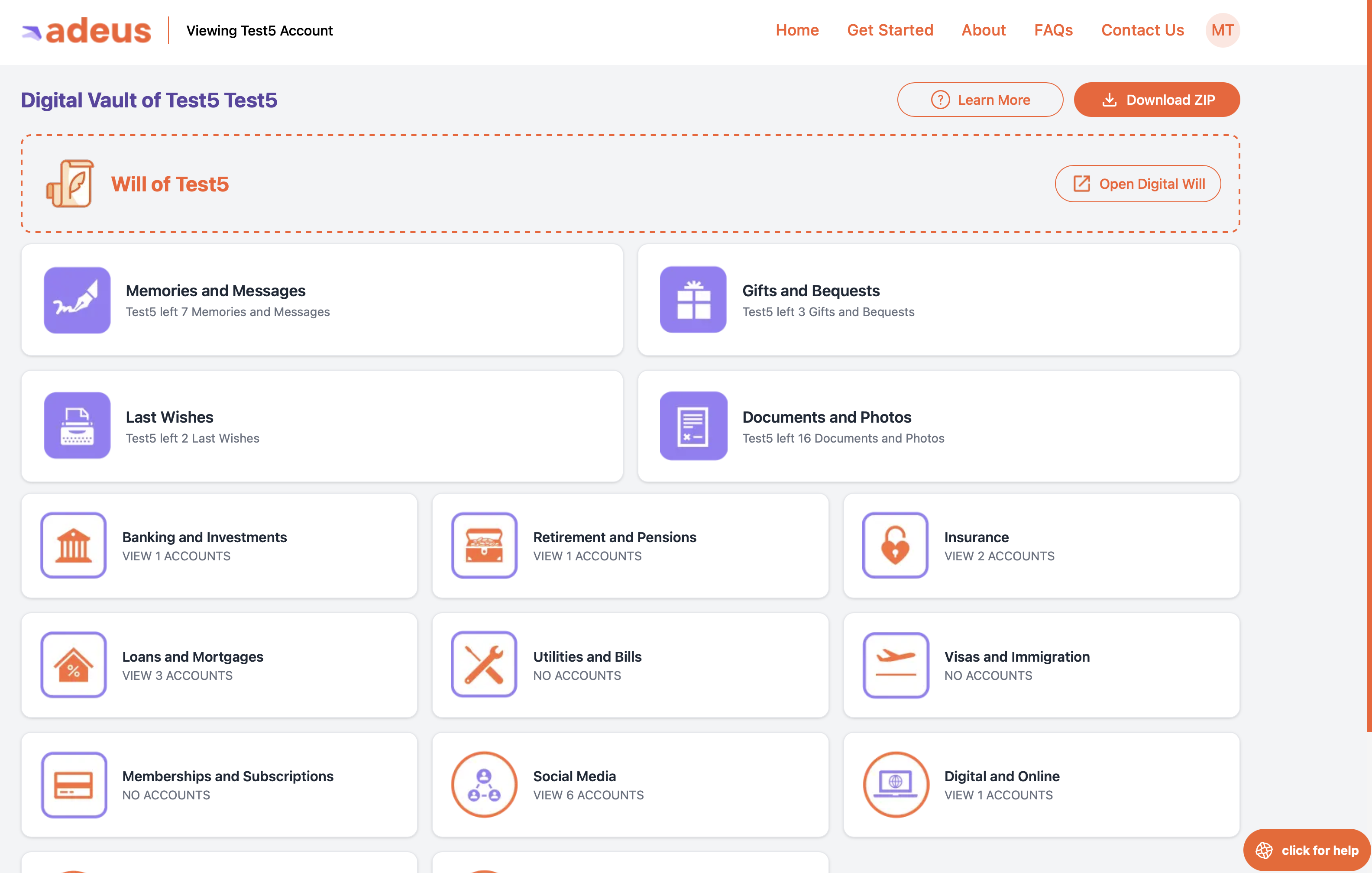 Executor Toolkit screenshot showing the various functionality including wills and digital vault.