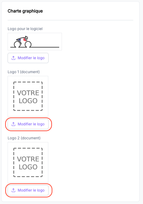 Vignettes Logo 1 et Logo 2 avec leurs boutons Modifier le logo
