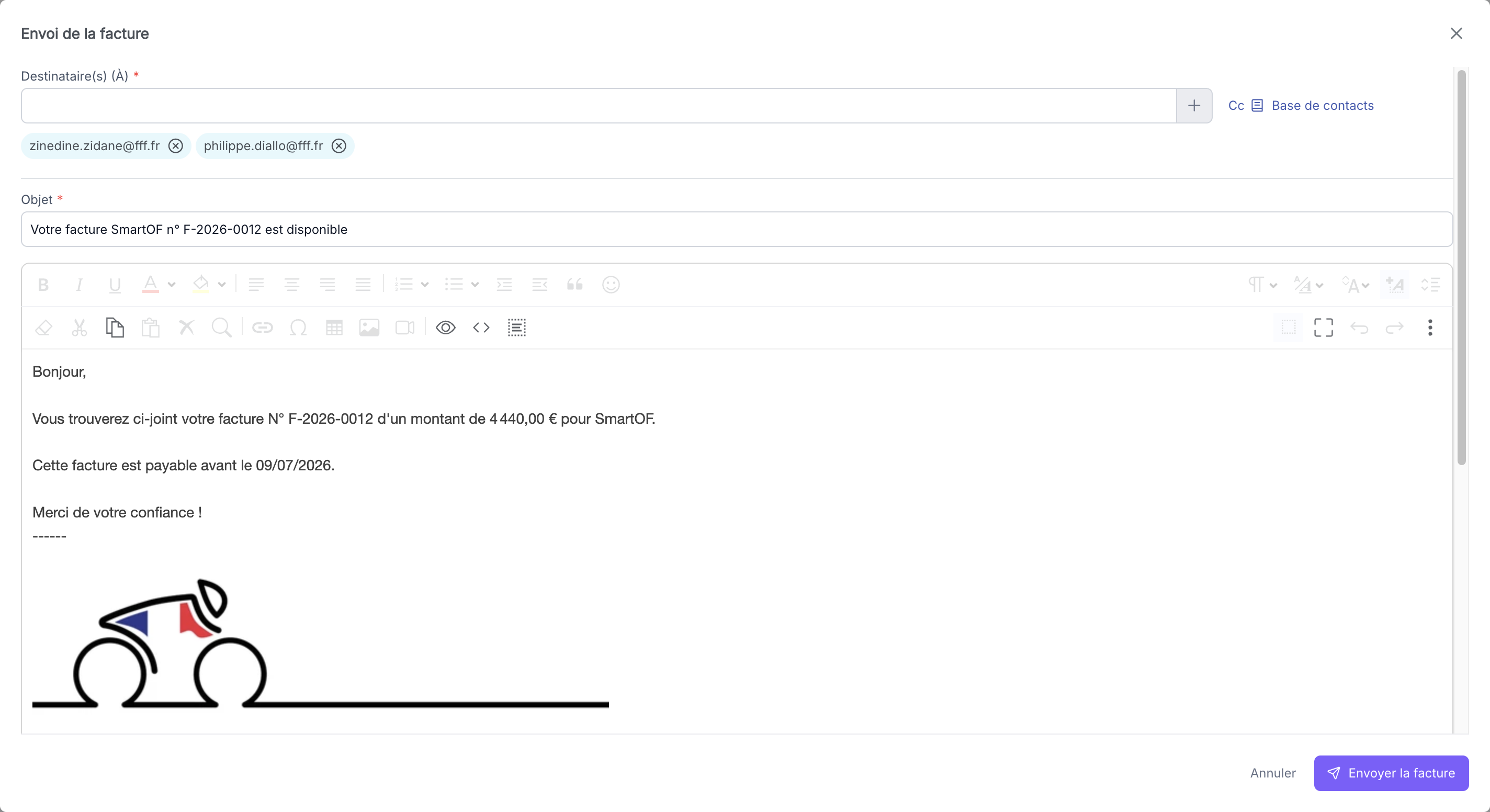 Modale de composition de l'email d'envoi de facture