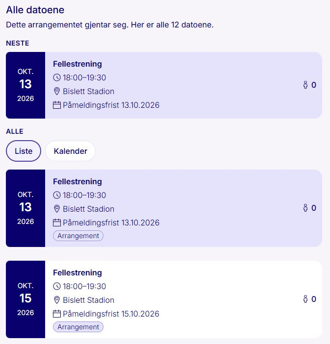 Alle datoene på arrangementssiden, med neste dato øverst