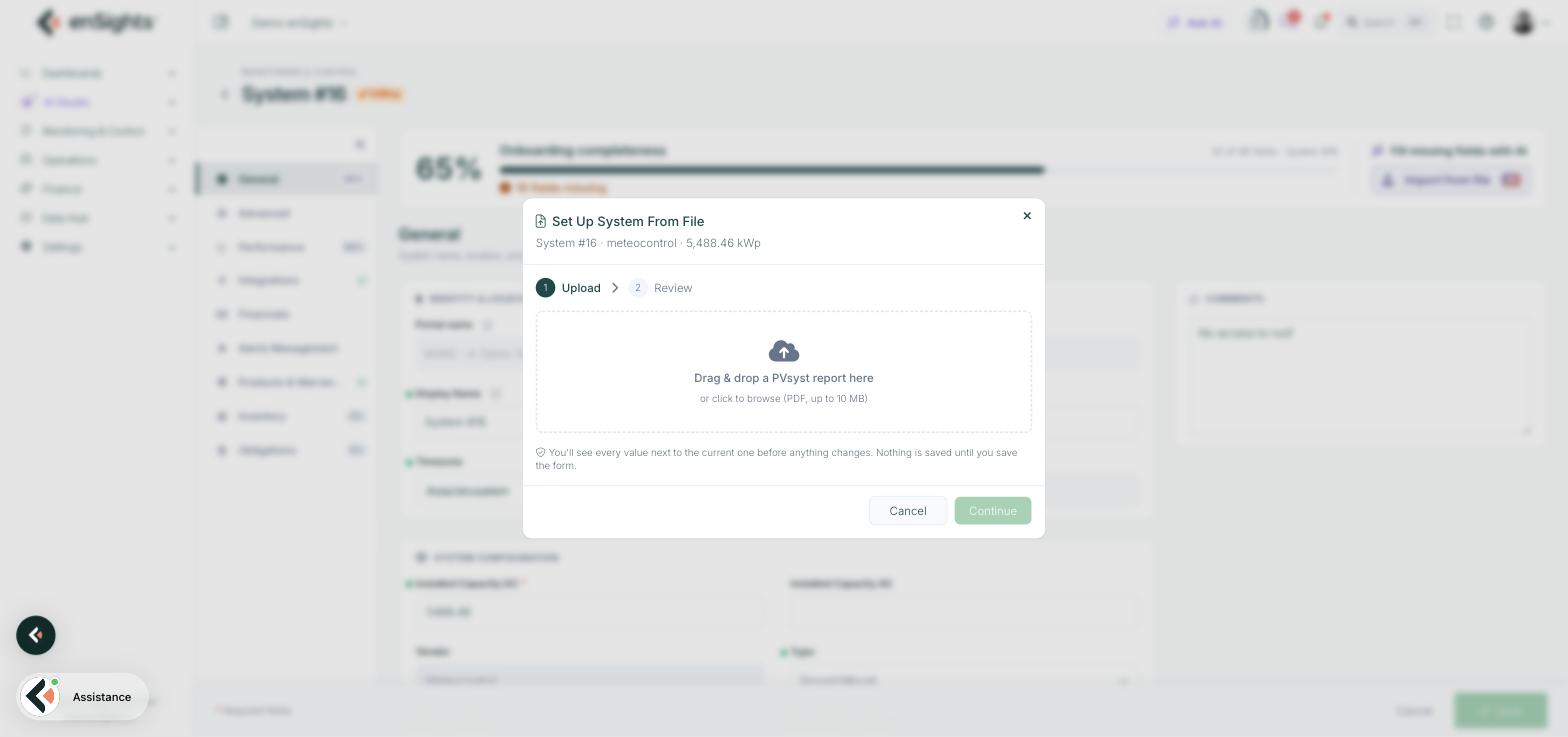 Set Up System From File dialog, Upload step, waiting for a PVsyst report