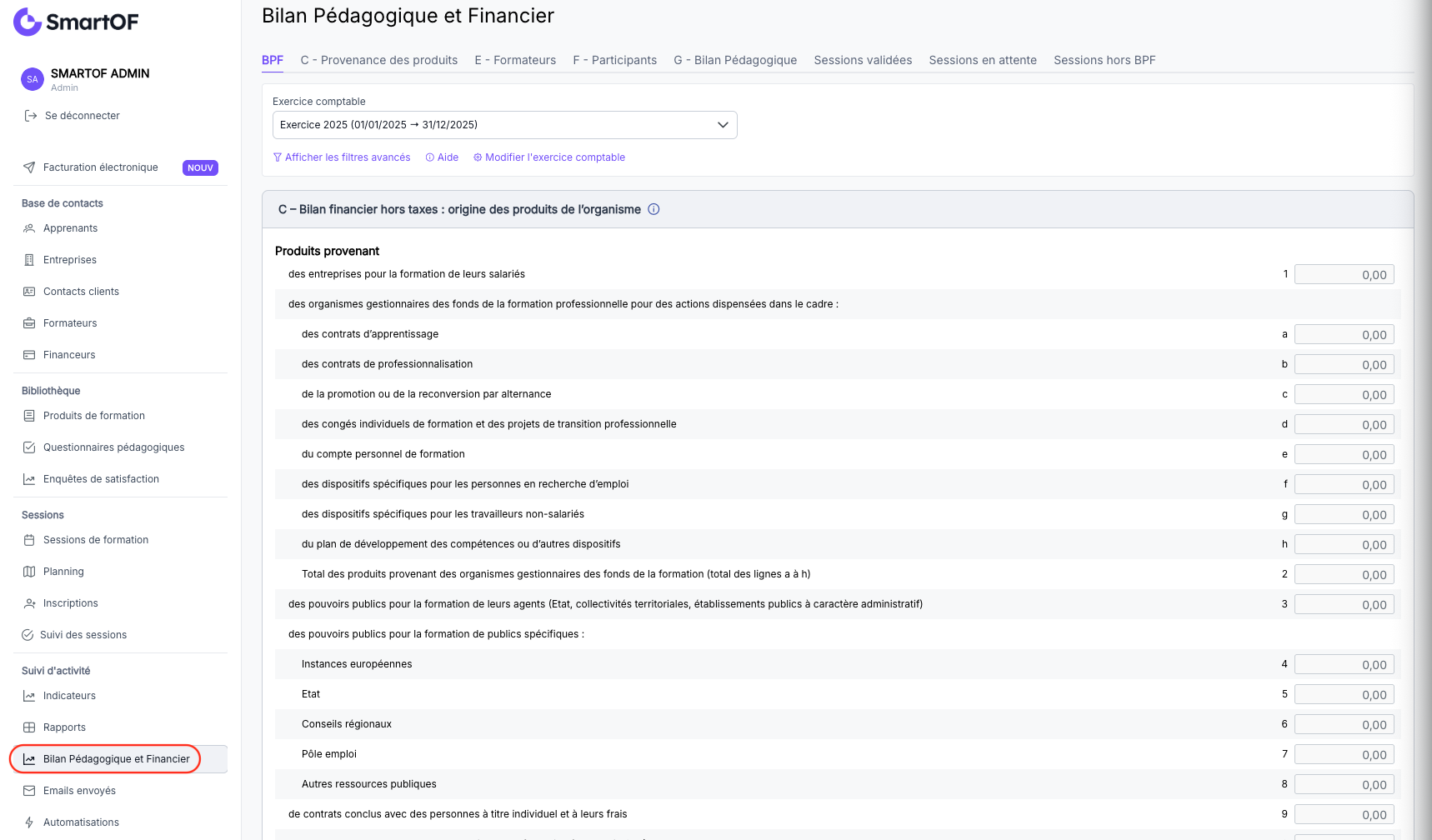 Page d'accueil du Bilan Pédagogique et Financier, onglet BPF actif