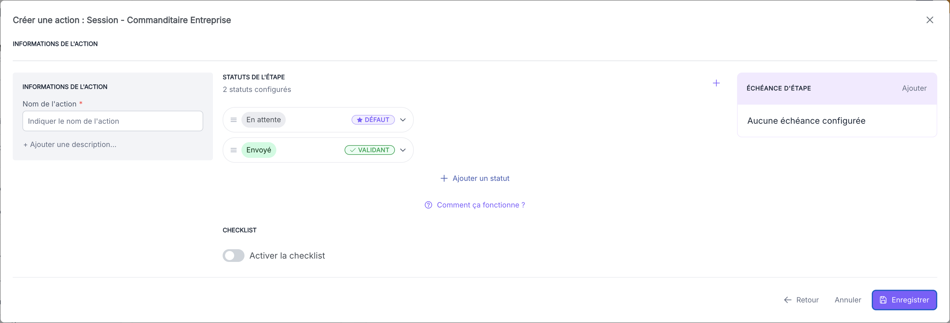 Modale de configuration d'une action Statut, avec les statuts d'étape "En attente" et "Envoyé"