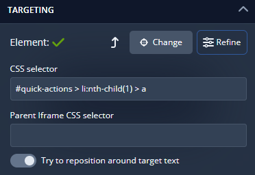 showing the full CSS selector using the refine button in the Product Fruits editor