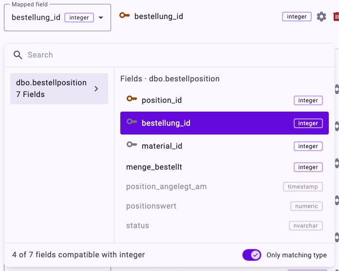 The Mapped field picker for the target column bestellung_id: the fields of dbo.bestellposition, with bestellung_id selected, and 4 of 7 fields compatible with integer while Only matching type is on