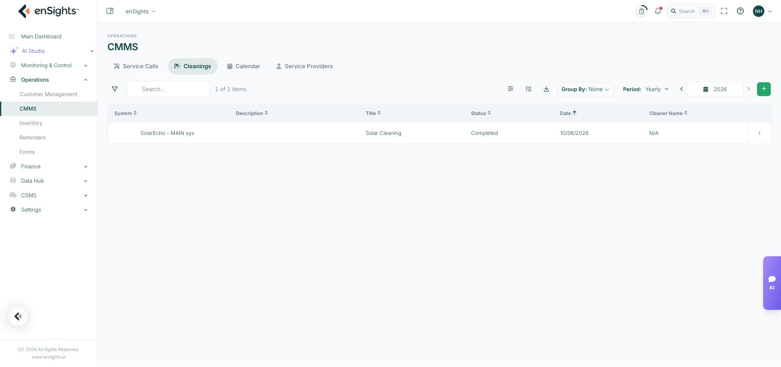The CMMS cleanings list showing system, title, status, date and cleaner.