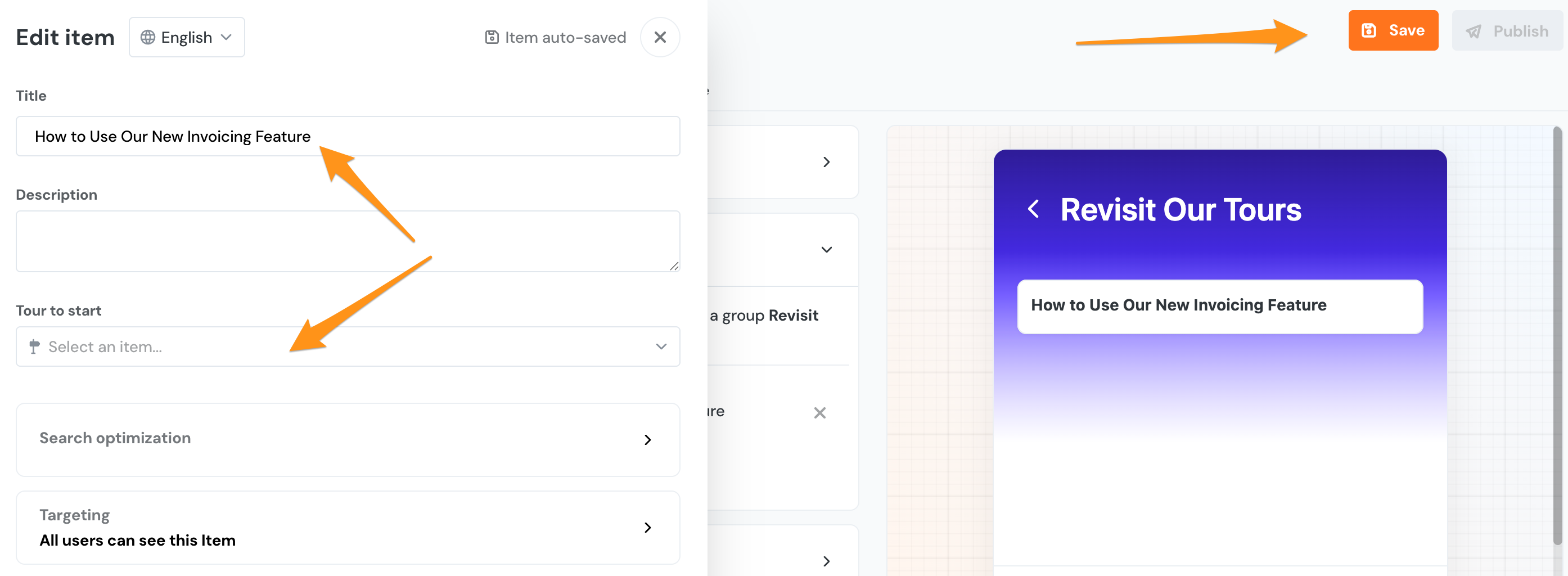 The Launch a Tour Item page pointing to the Title, Tour to Start dropdown, and the Save button