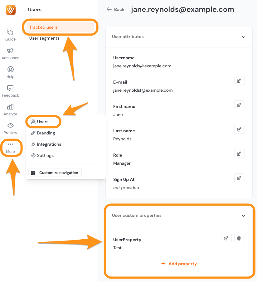 An example of a tracked user showing a custom property added through Batch users update