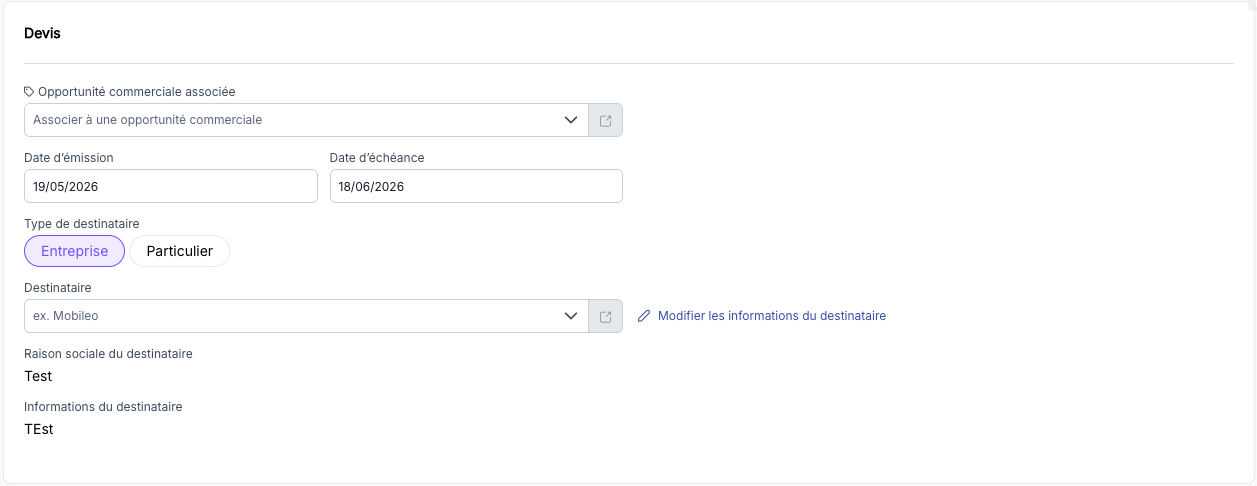 Champs administratifs du devis : opportunité, dates, destinataire