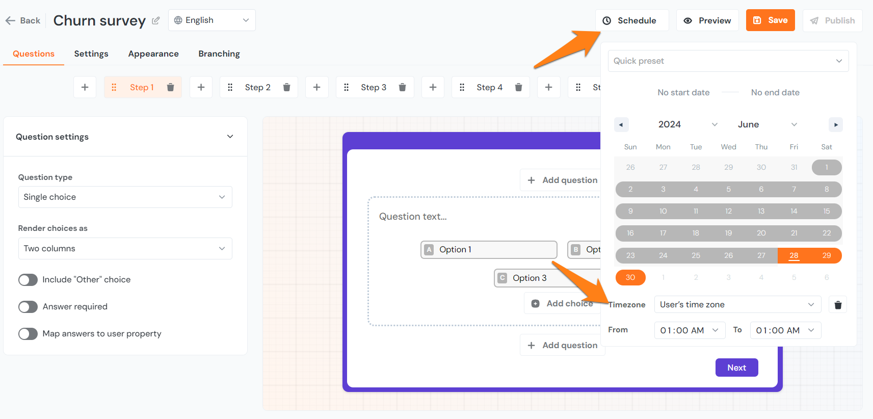 A churn survey showing the scheduling options highlighting a specific date range and timezone