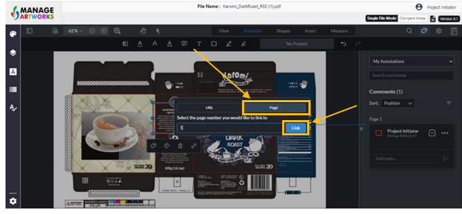 Linking one page to another within an artwork for reference using annotate  