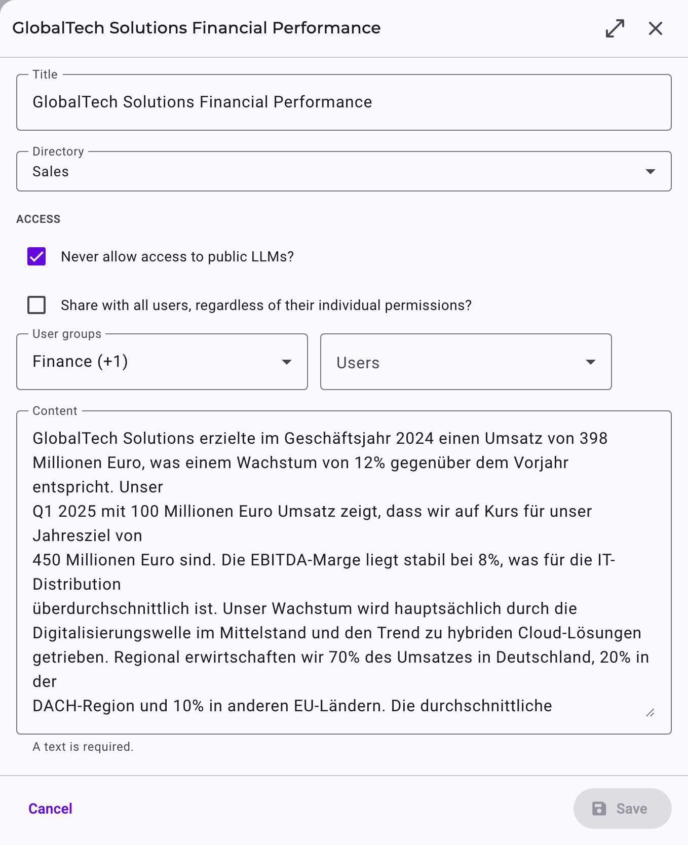 The edit panel of a context item with Title, Directory, Access and Content