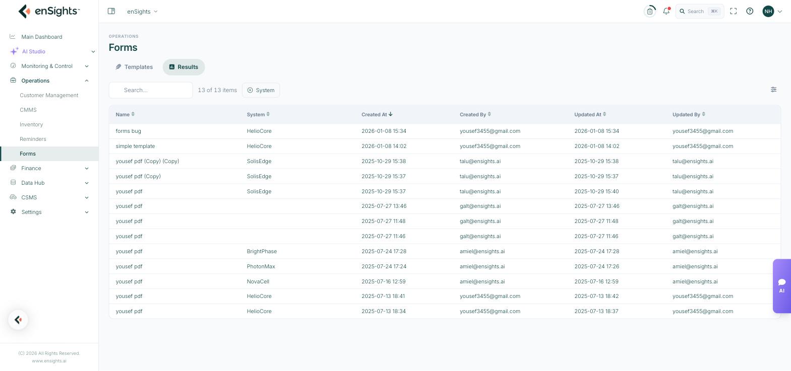 The form results list with template name, system, and creation and update details.