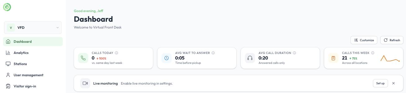 The Live monitoring card on the dashboard