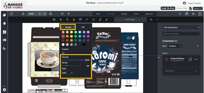 Change the opacity, stroke and the line style of your annotation using the style function