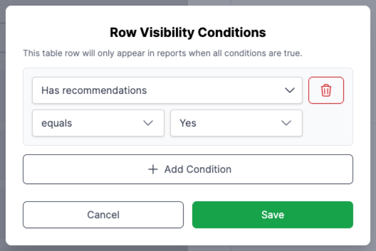 Visibility condition builder showing a configured condition with field, operator, and value