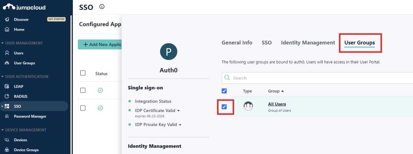 The JumpCloud platform SSO screen highlighting User Groups