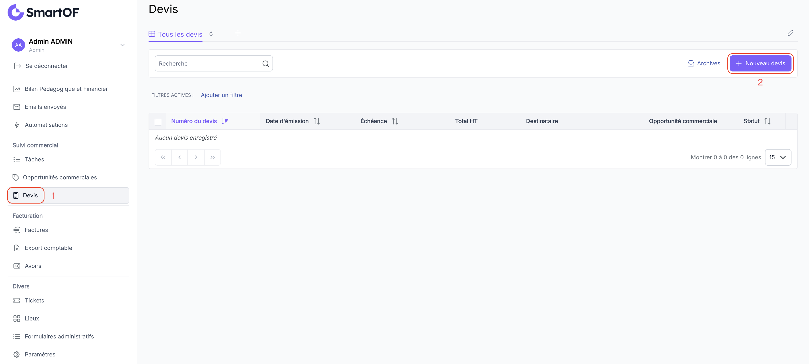 Bouton Nouveau devis sur la page Devis