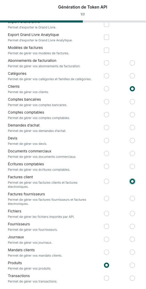 Écran Pennylane de configuration des permissions du token avec les trois objets sélectionnés aux bons niveaux