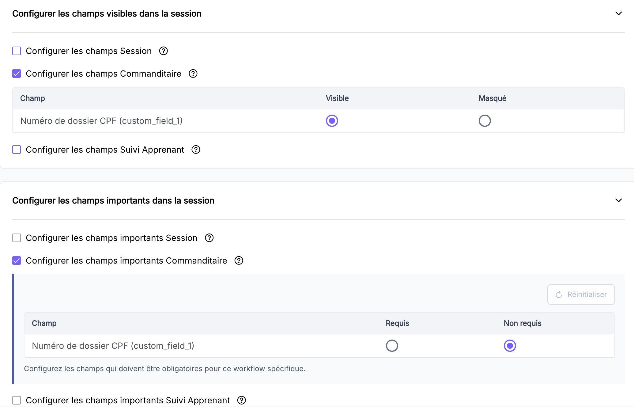 Configuration des champs et documents visibles dans le modèle de session