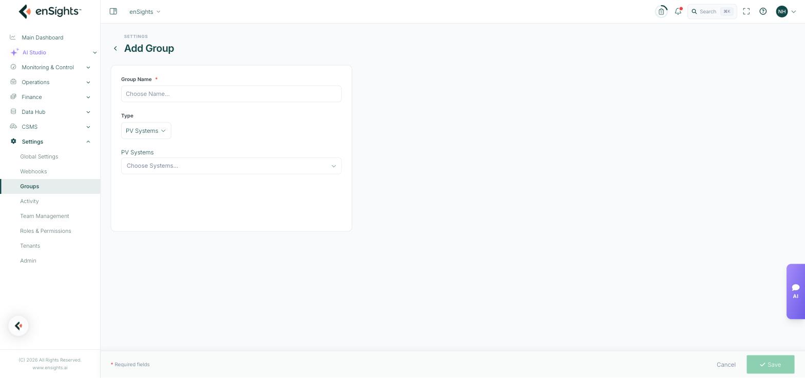 The Add Group form: a required Group Name field, a Type selector set to PV Systems, and a searchable picker for choosing the systems to include.