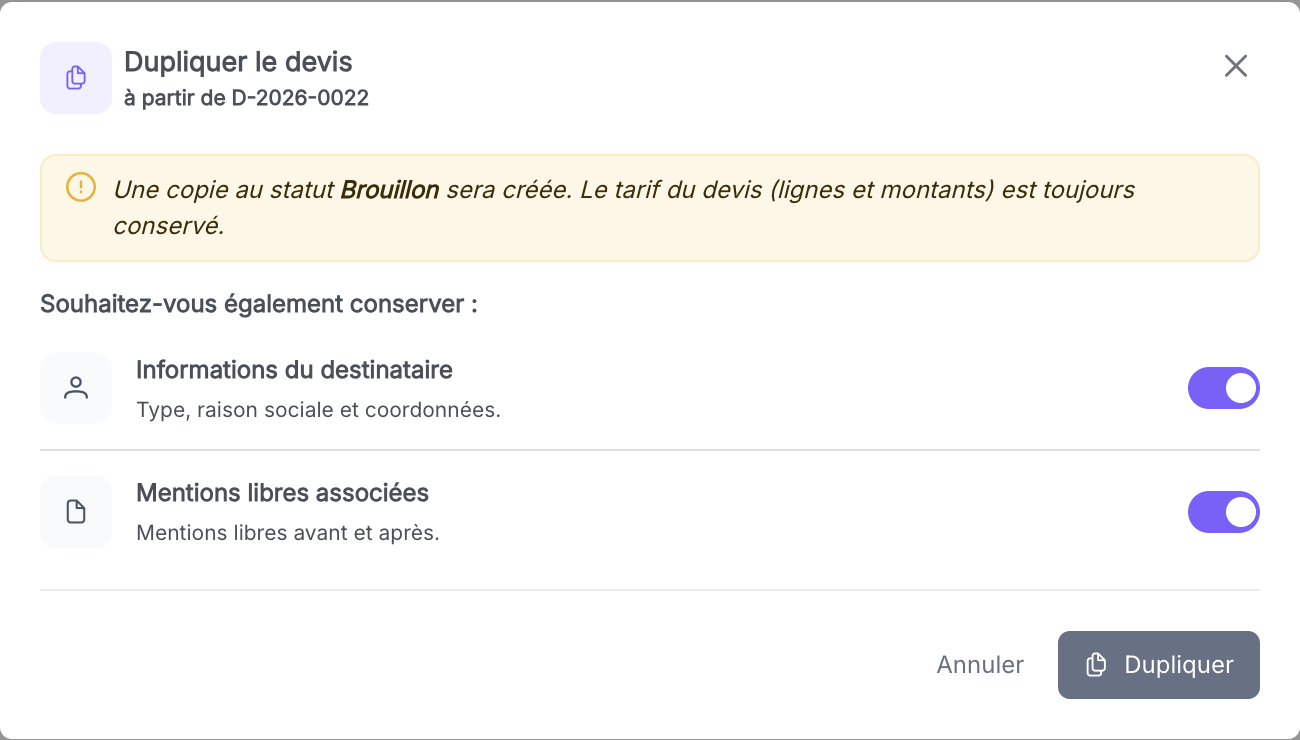 Modale de confirmation avec les options de duplication
