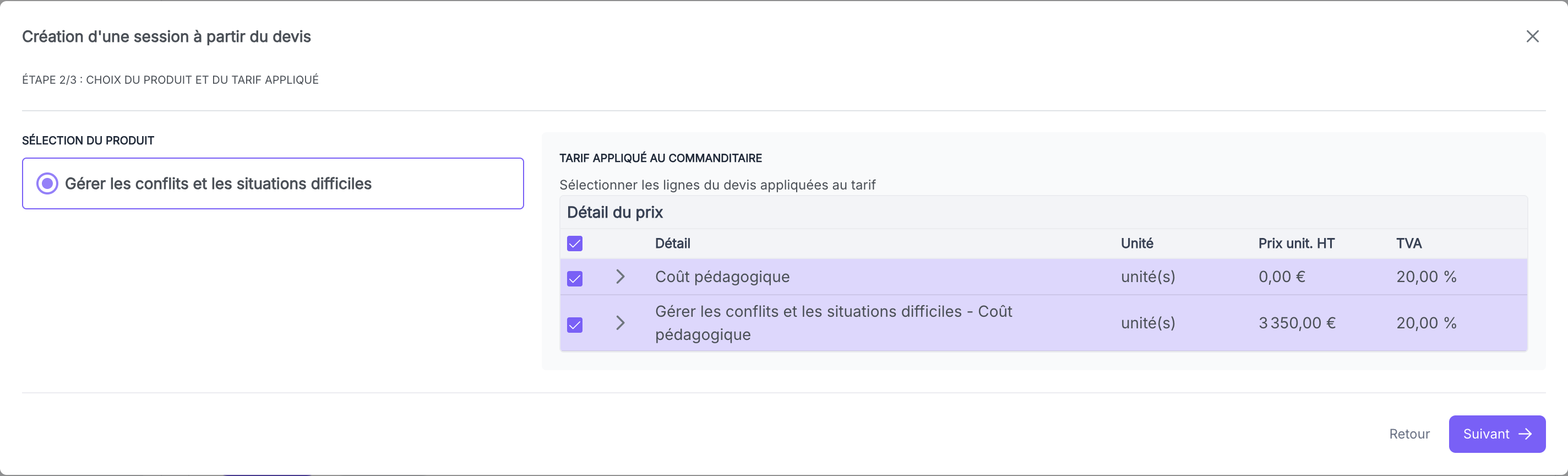 Étape 2 de la modale, sélection des tarifs