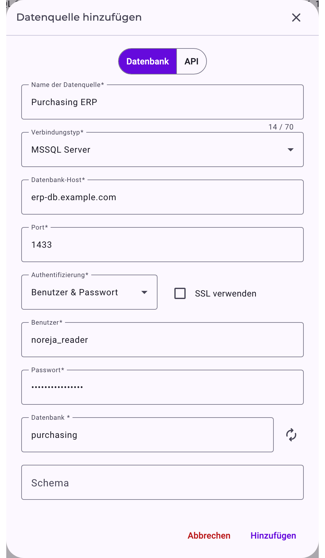 Der Dialog Datenquelle hinzufügen für eine Datenbank: Name Purchasing ERP, Verbindungstyp MSSQL Server, Host erp-db.example.com, Port 1433, Benutzer & Passwort, Benutzer noreja_reader, Datenbank purchasing und ein leeres Feld Schema