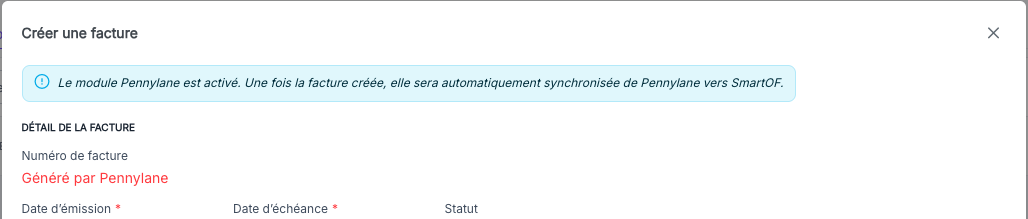 Bandeau d'information en haut du formulaire Nouvelle facture confirmant l'activation du module Pennylane