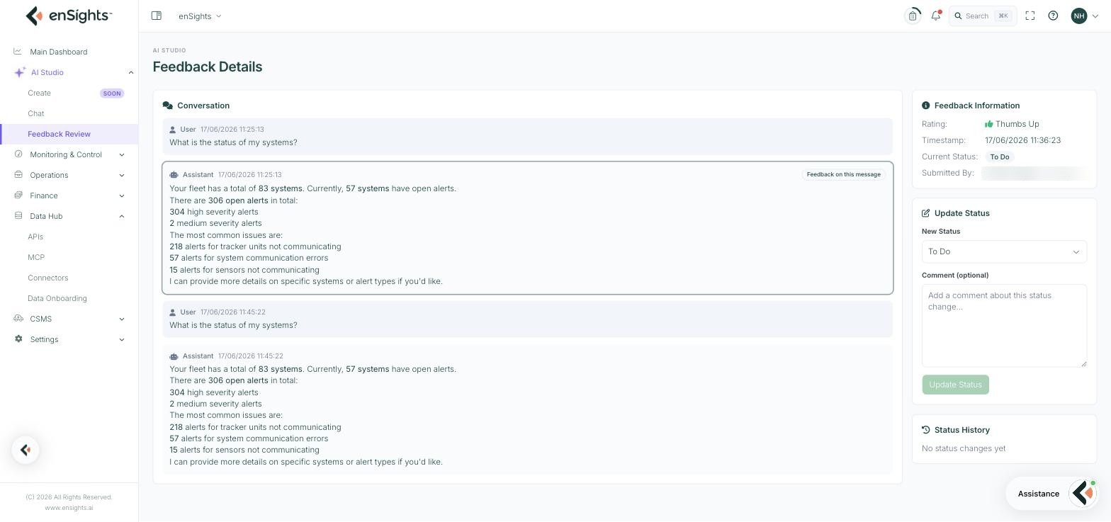 The Feedback Details view: the full conversation with the rated assistant message outlined and marked Feedback on this message, and a right-hand panel with the rating, timestamp, current status, submitter, an Update Status selector with an optional comment, and Status History.