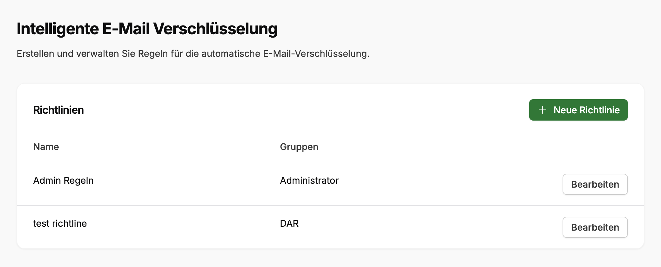 Übersicht der Richtlinien für die Intelligente E-Mail-Verschlüsselung in der Administration