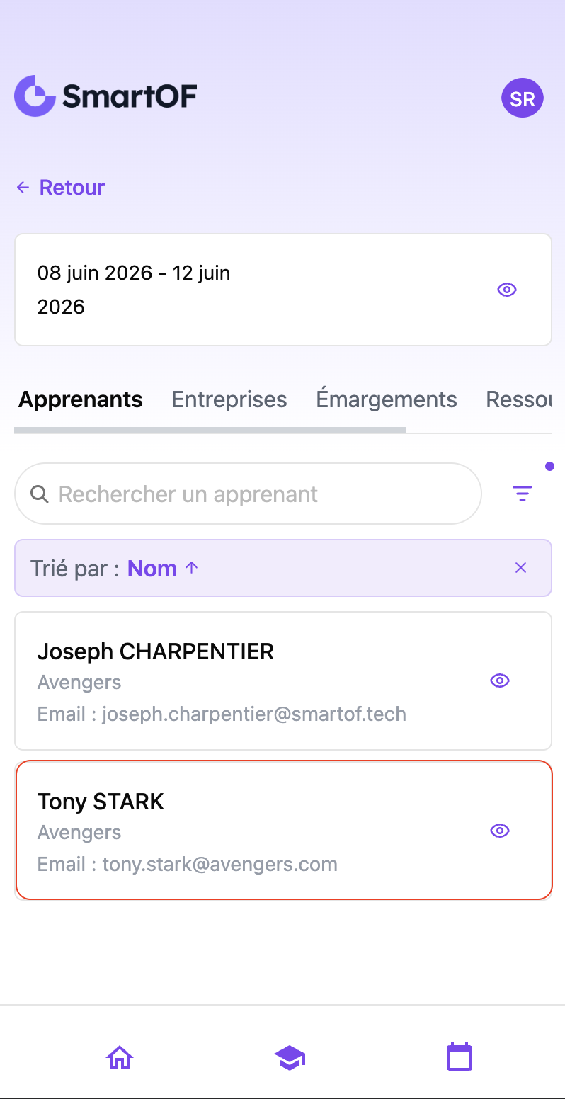 Liste des apprenants de la session