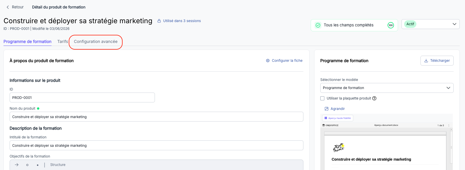 Onglet Configuration avancée sur la fiche d'un produit de formation