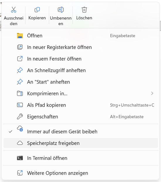 Kontextmenü: Speicherplatz freigeben