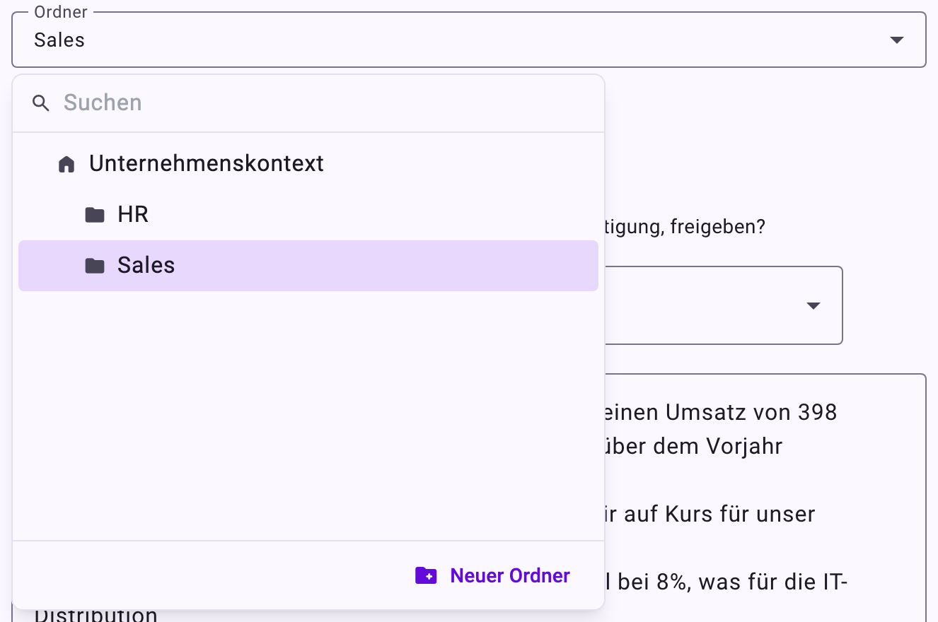 Die Auswahlliste Ordner mit dem Ordnerbaum, einem Suchfeld und der Schaltfläche Neuer Ordner