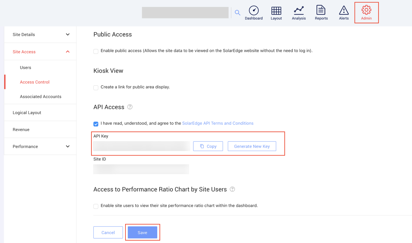SolarEdge Admin page: Site Access ></span> Access Control showing the API Access section