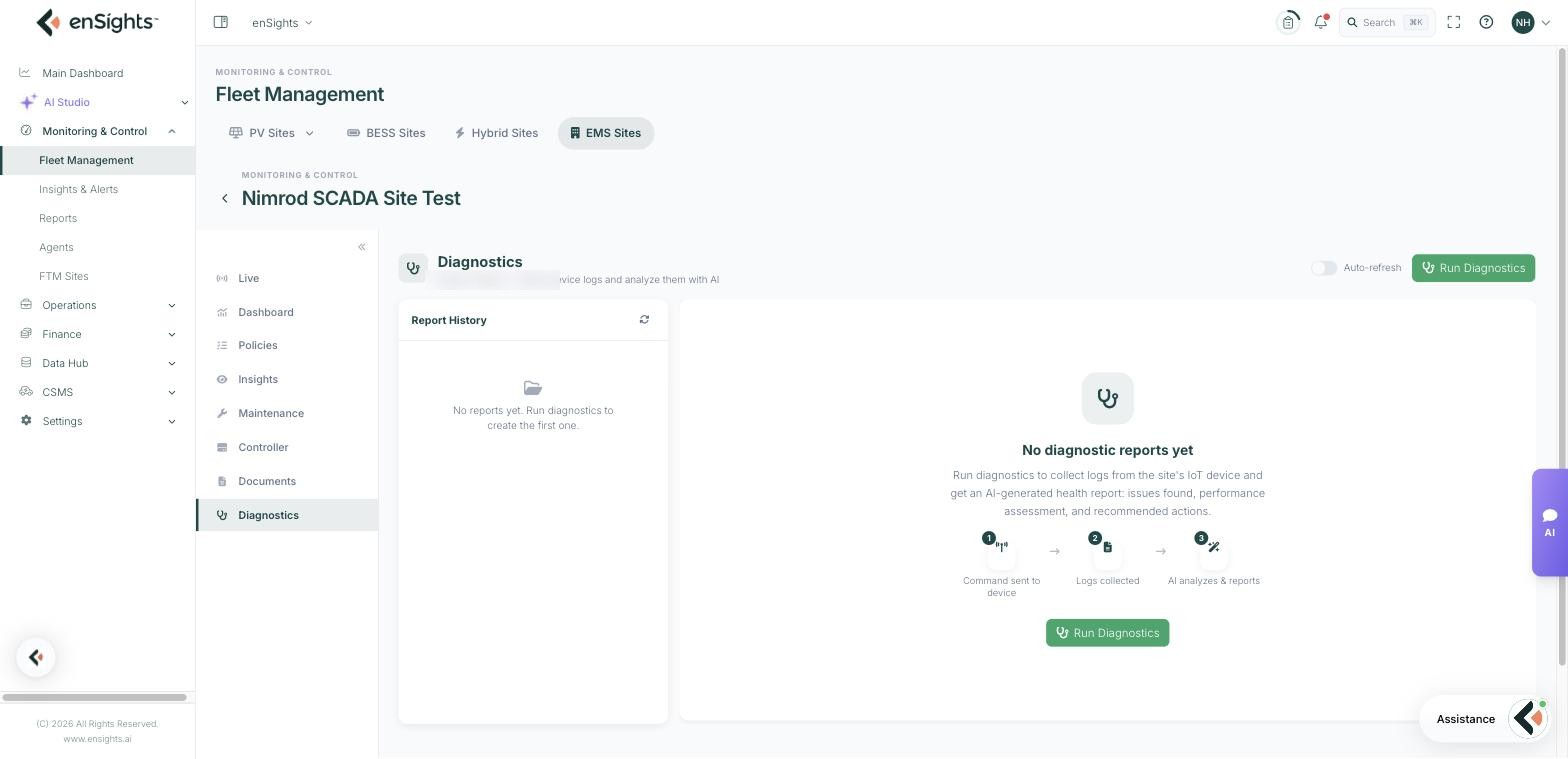 The Diagnostics tab with its report history