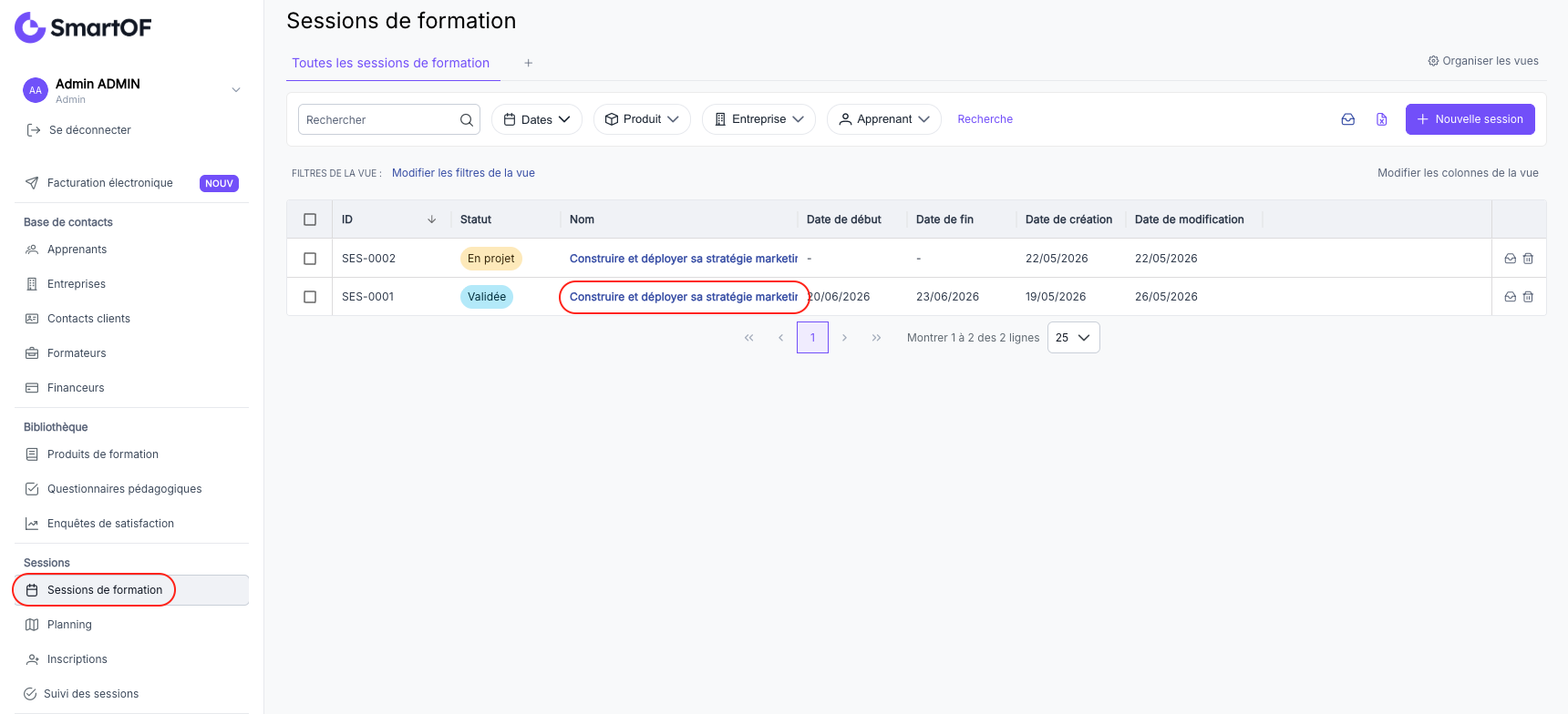 Page de la session de formation