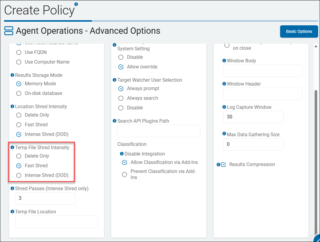 Temp File Shred Intensity setting - Advanced Options page