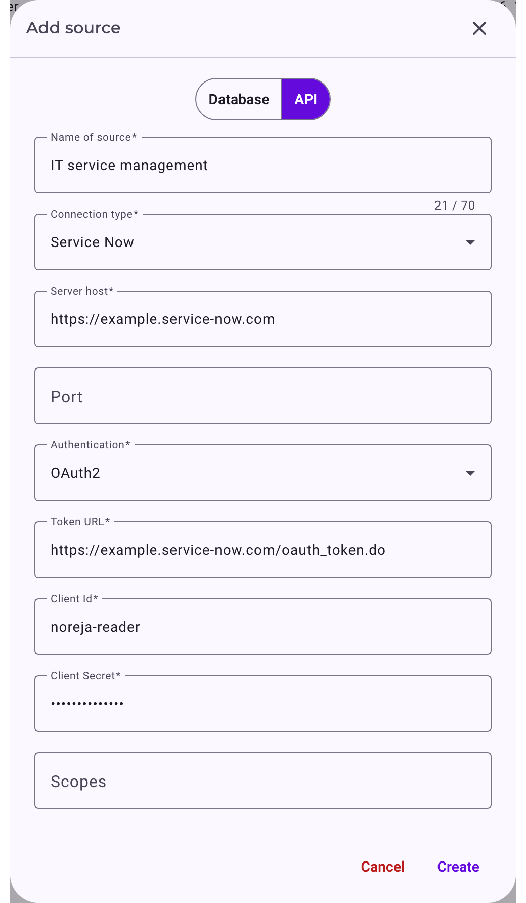 The dialog Add source for an interface: name IT service management, connection type Service Now, server host https://example.service-now.com, authentication OAuth2 with Token URL, Client Id and Client Secret