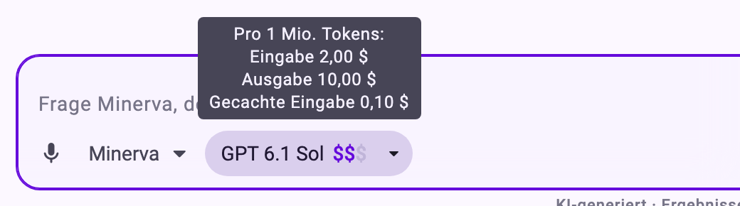 Die Modell-Schaltfläche mit GPT 6.1 Sol und seiner Preisklasse und der Tooltip mit seinen Preisen pro 1 Mio. Tokens für Eingabe, Ausgabe und gecachte Eingabe