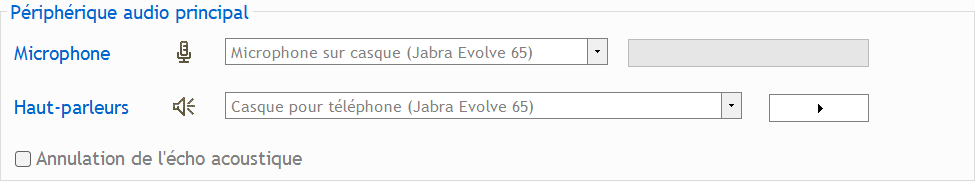 Périphérique audio principal 
Microphone sur casque (Jabra Evolve 65) 
Microphone 
Haut-parleurs 
Cl Annulation de l'écho acoustique 