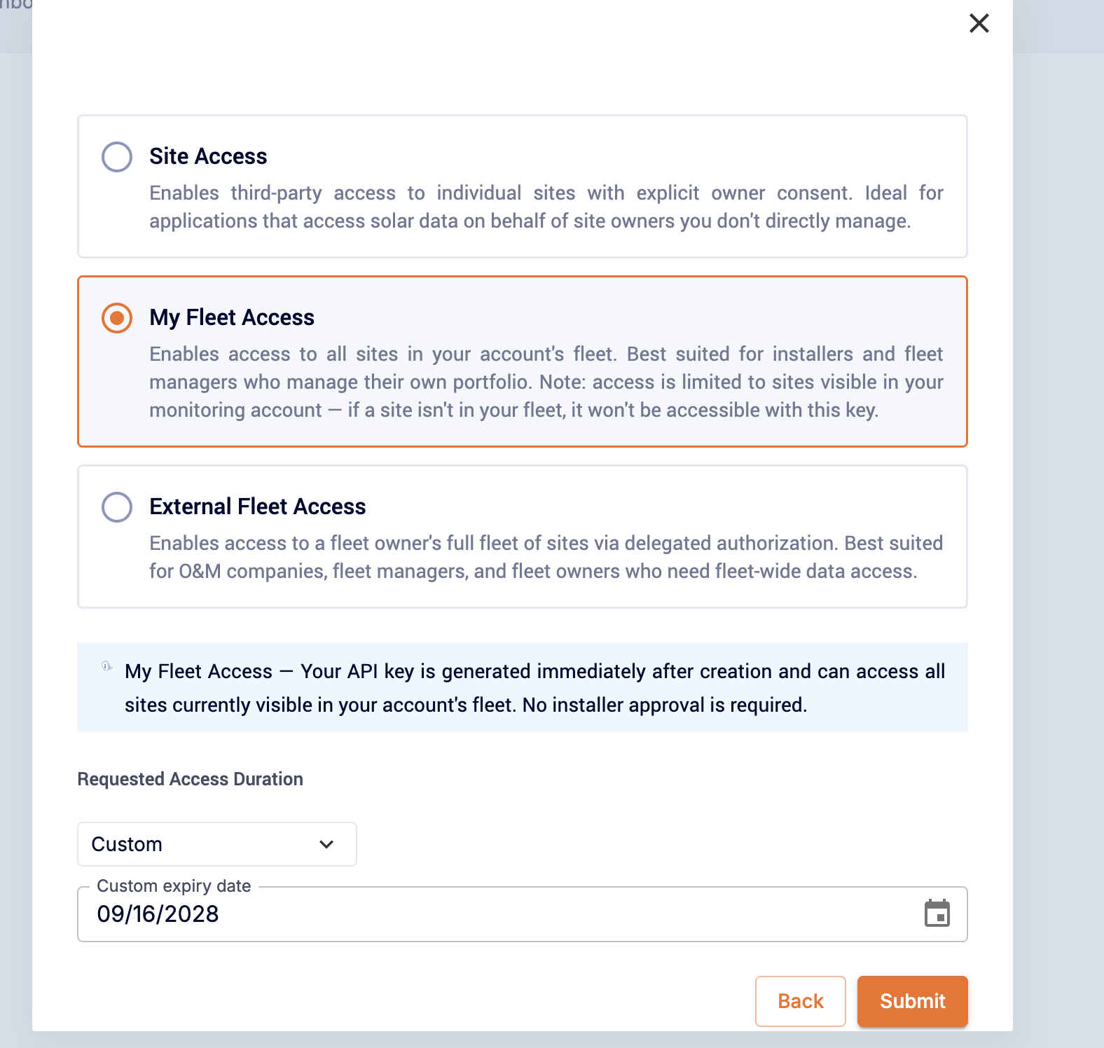 SolarEdge access type dialog with My Fleet Access selected and a custom expiry date