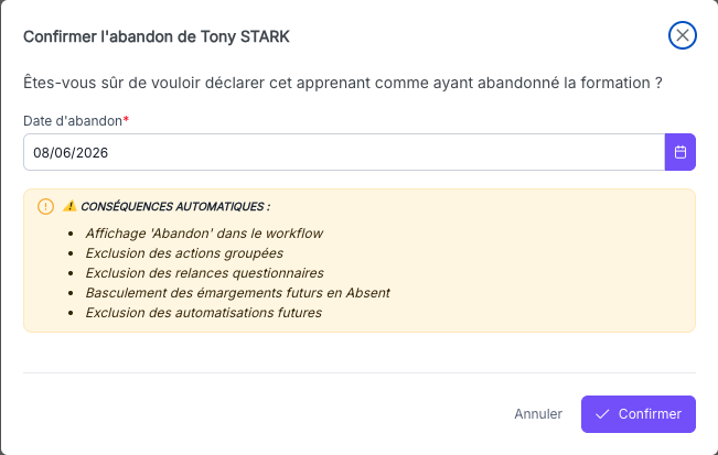 Modale de déclaration d'abandon avec le champ date d'abandon