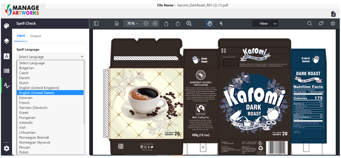 35 languages supported in packaging artwork spellcheck