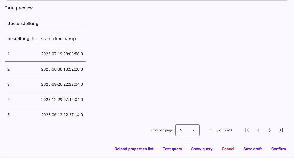 Data preview after Test query on the object for dbo.bestellung: the columns bestellung_id and start_timestamp for the first five rows, and the count 1 – 5 of 5520
